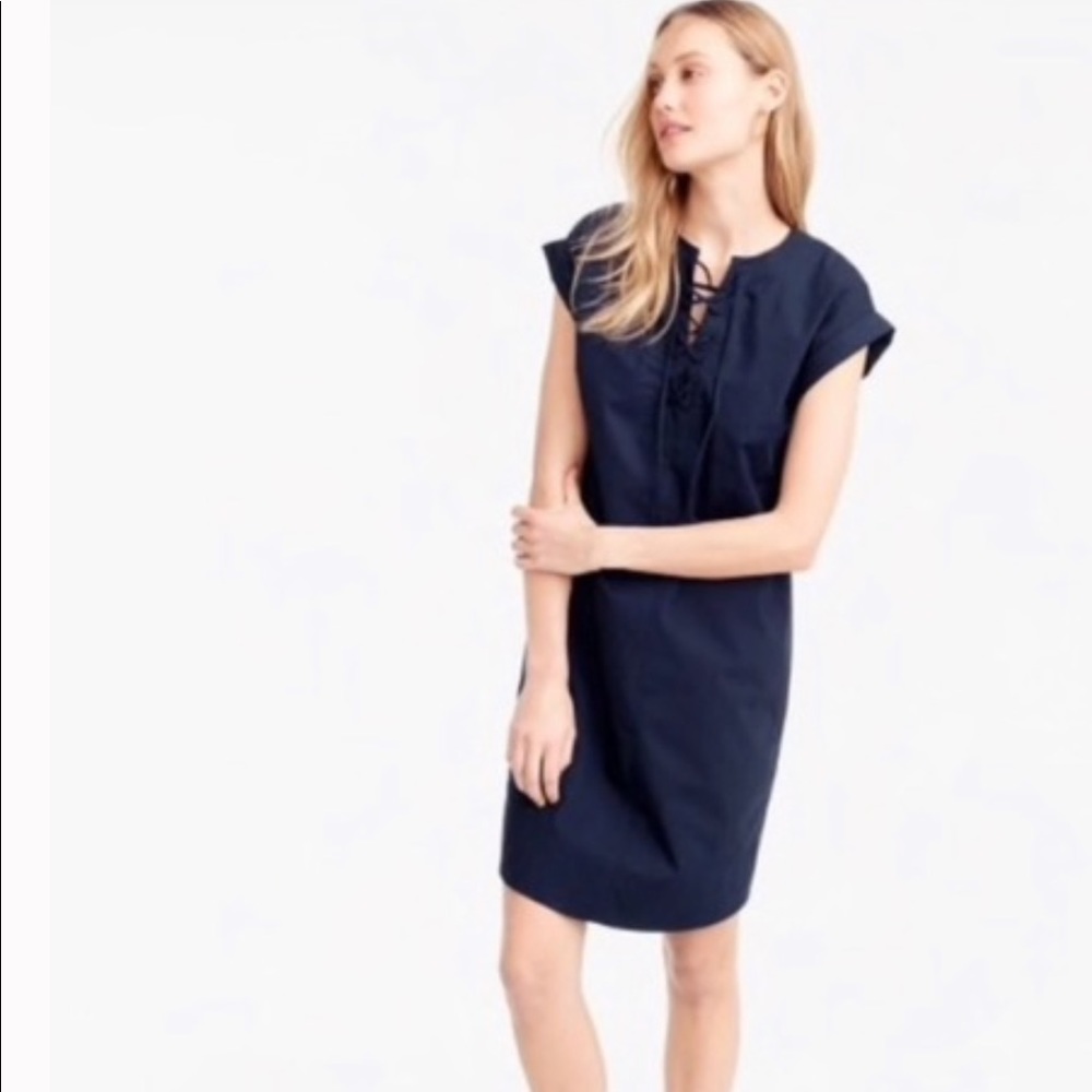 J crew navy cotton sheath dress lace up detail XS